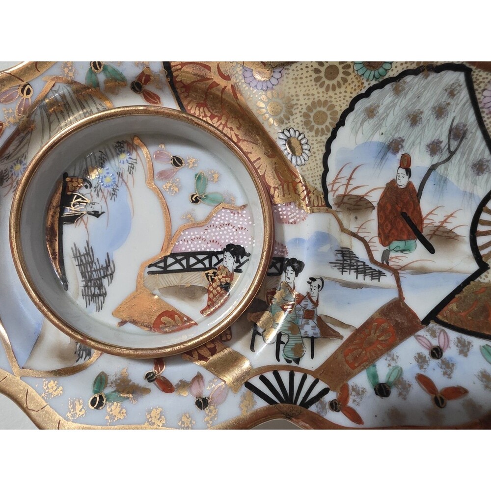 Rare Vintage Japanese Kutani Porcelain GoldGilt GeishaVillage Antique DishSaucer